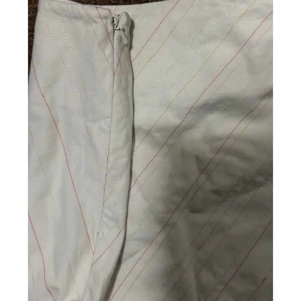 Janeville Ivory Skirt Pink Green Yellow Embroidered Stripe Stitching Flowers Sz2